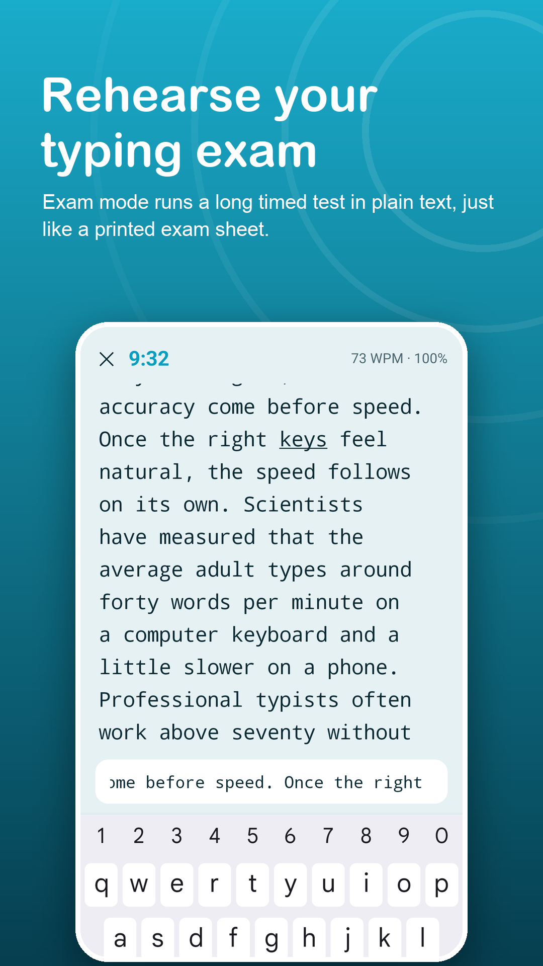 Exam mode typing screen with a long timed passage