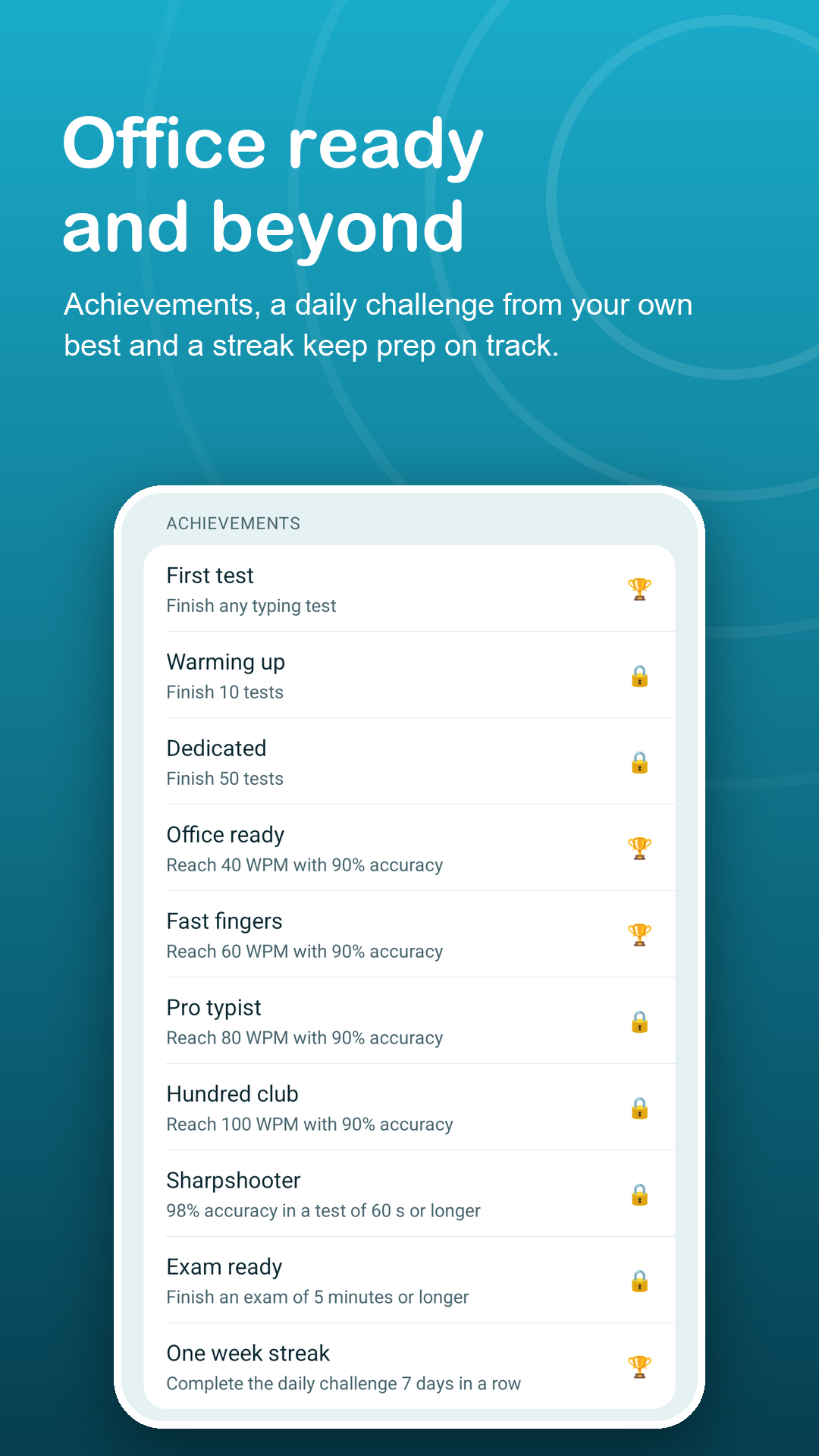 Achievements with unlocked speed and accuracy badges